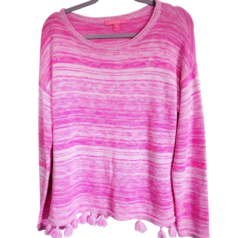Lilly Pulitzer L‎ Jody Sweater Pom Pom Tassels (2 missing) LS Boat Neck Pink